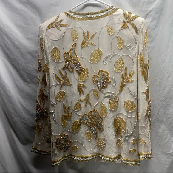 Vintage Rina Z beaded sequin silk jacket sz L Cream Silver Gold Floral -RARE- - Picture 14 of 14